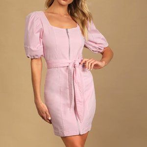 Ellinor Blush Pink Puff Sleeve Zip-Front Denim Mini Dress